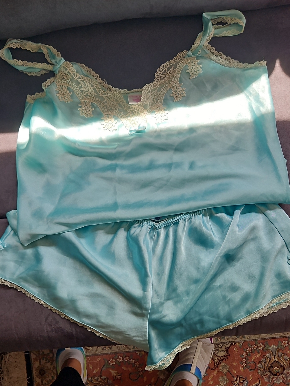 Satin Lace-Trim Cami & Short Sleep Set - Aqua